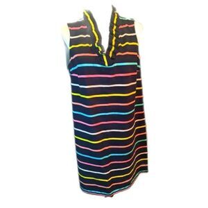 5/$55 Crown & Ivy 100% cotton navy, aqua, yellow stripes - ruffle neck dress XL